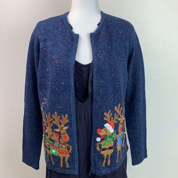 Singing reindeers cotton zip up vintage Tiara International Christmas sweater - Picture 1 of 11